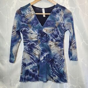 Lucy+Fiona 3/4 Sleeve Pullover Top Junior Girl M Blue Floral Sheer Sleeves Lined